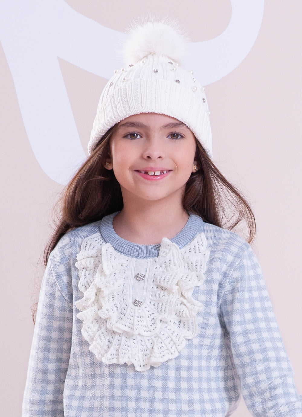 Touca Tricot Canelada Bordados Pompom Pele