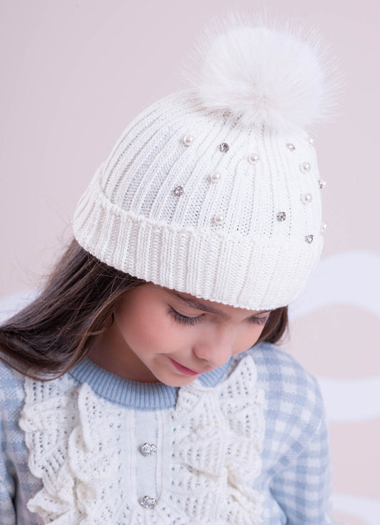 Touca Tricot Canelada Bordados Pompom Pele
