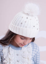 Touca Tricot Canelada Bordados Pompom Pele