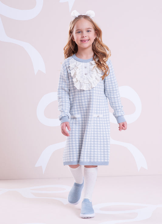 Vestido Tricot Xadrez Jabô Rendado