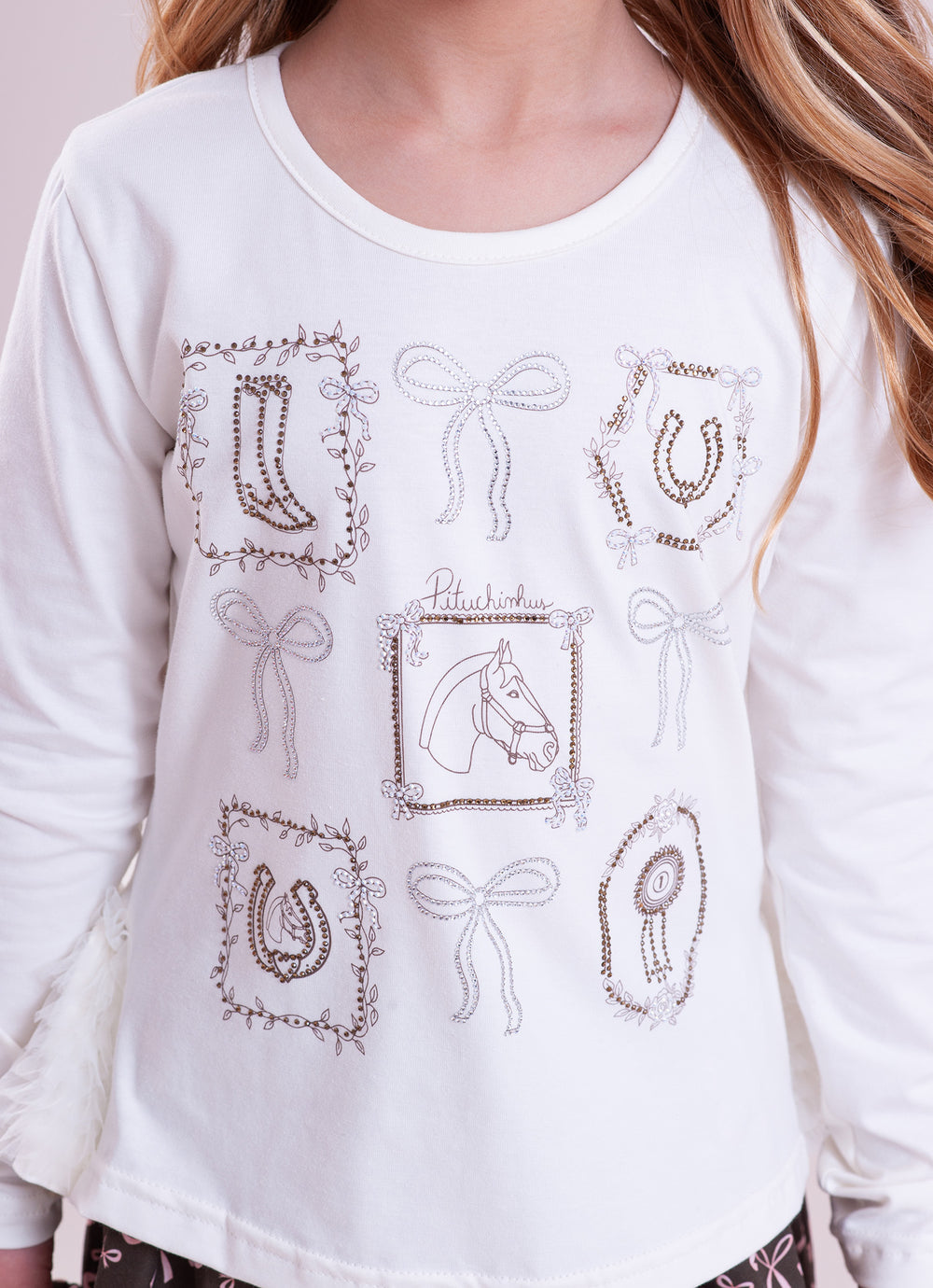 Blusa Cotton Moldura Quadros Frufru Tule Costas