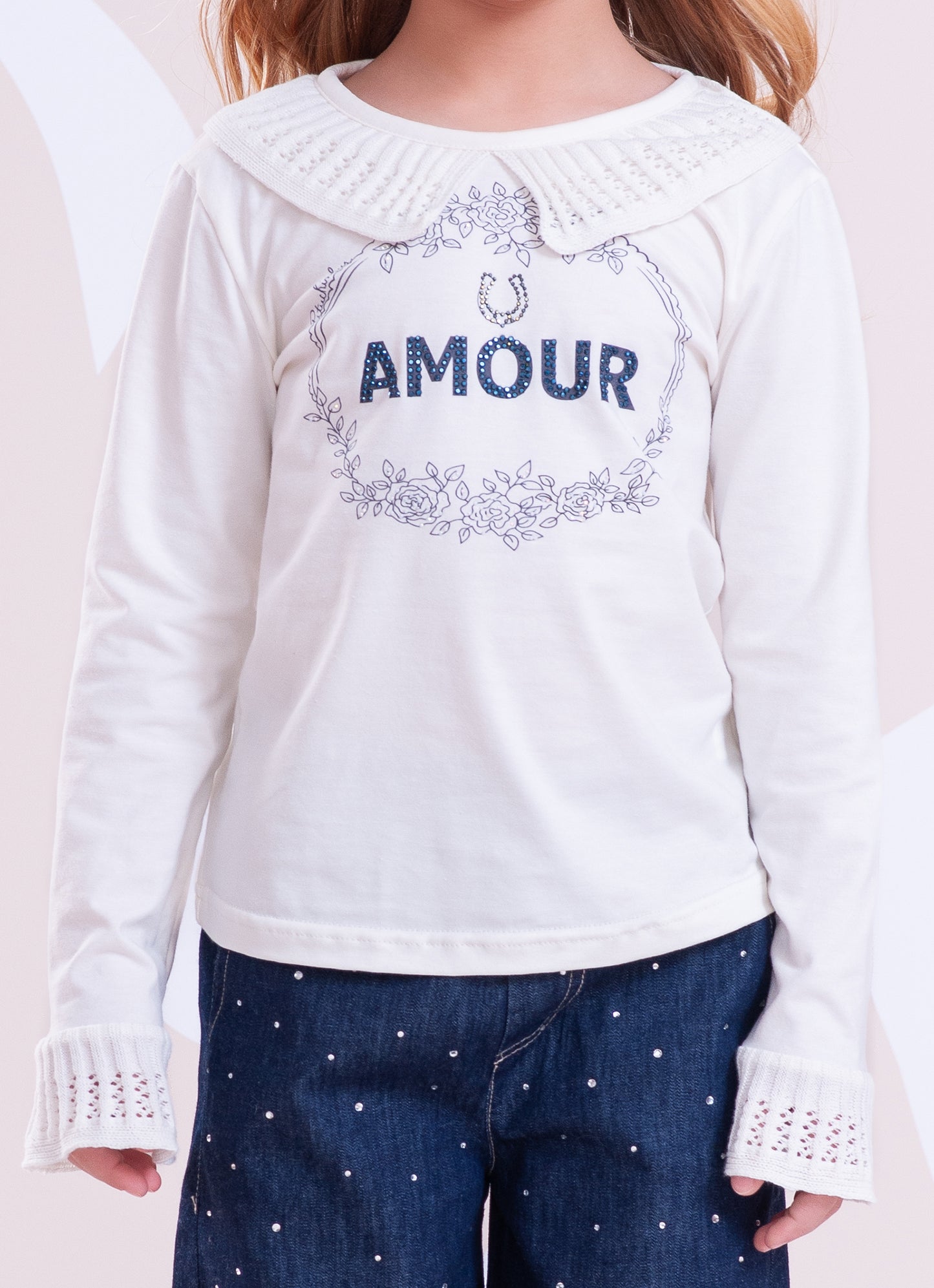Blusa Cotton Gola e Babado Mangas Tricot