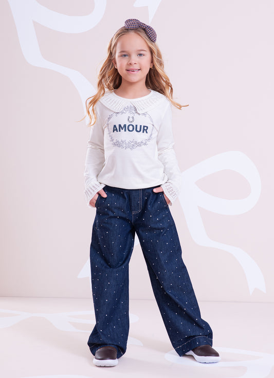 Blusa Cotton Gola e Babado Mangas Tricot