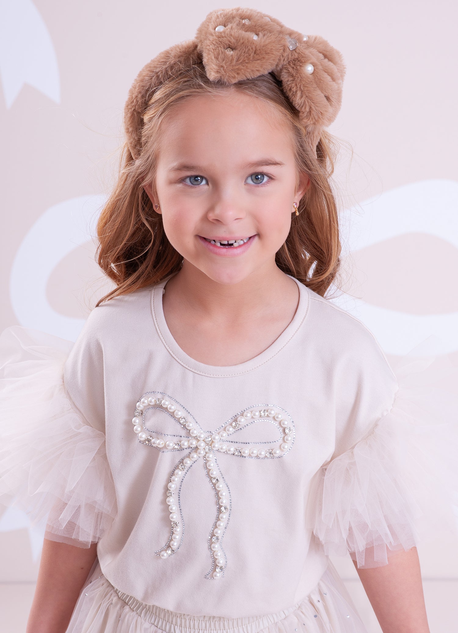 Blusa Cotton Manga Tule Laço Bordado