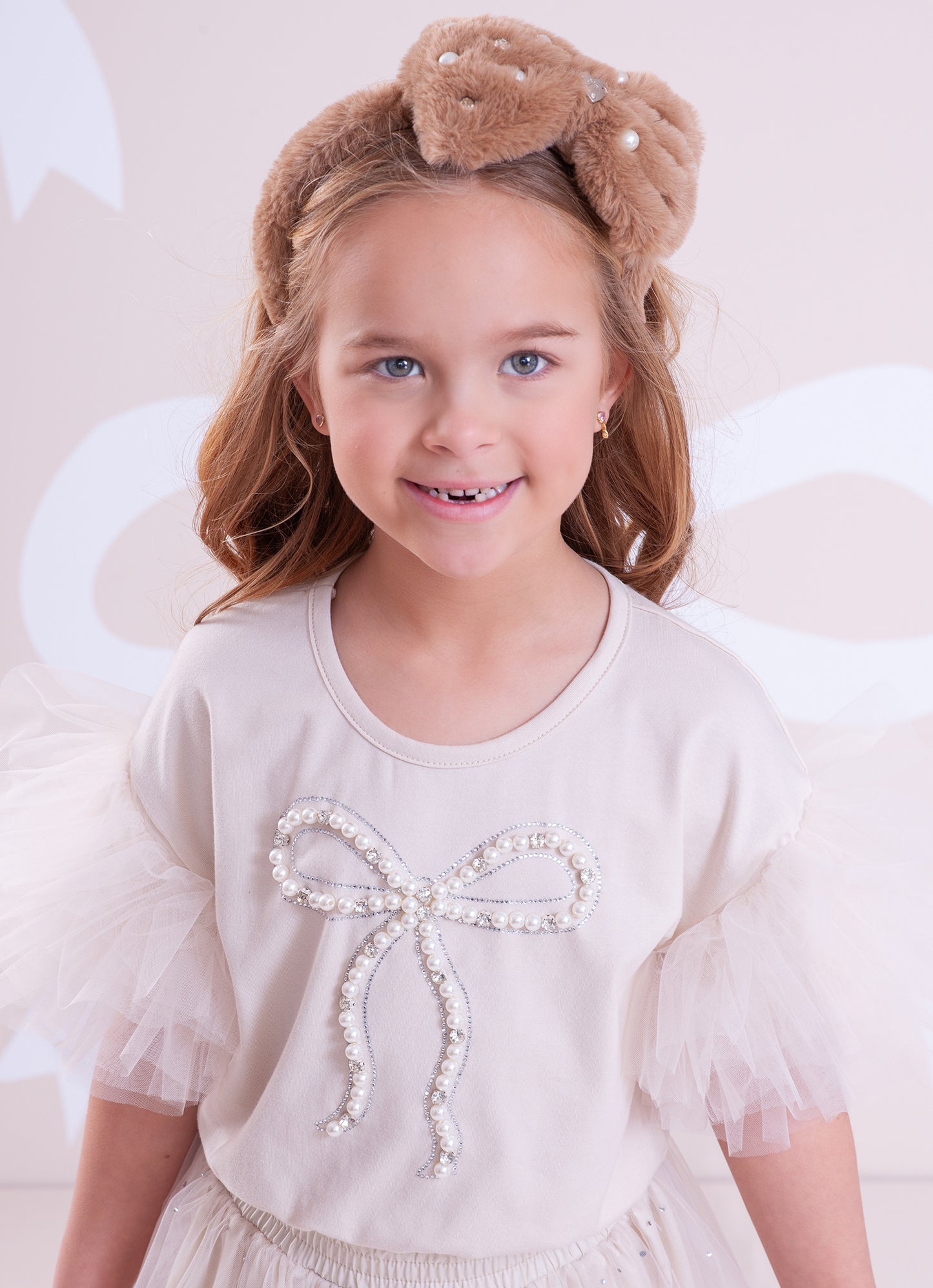 Blusa Cotton Manga Tule Laço Bordado