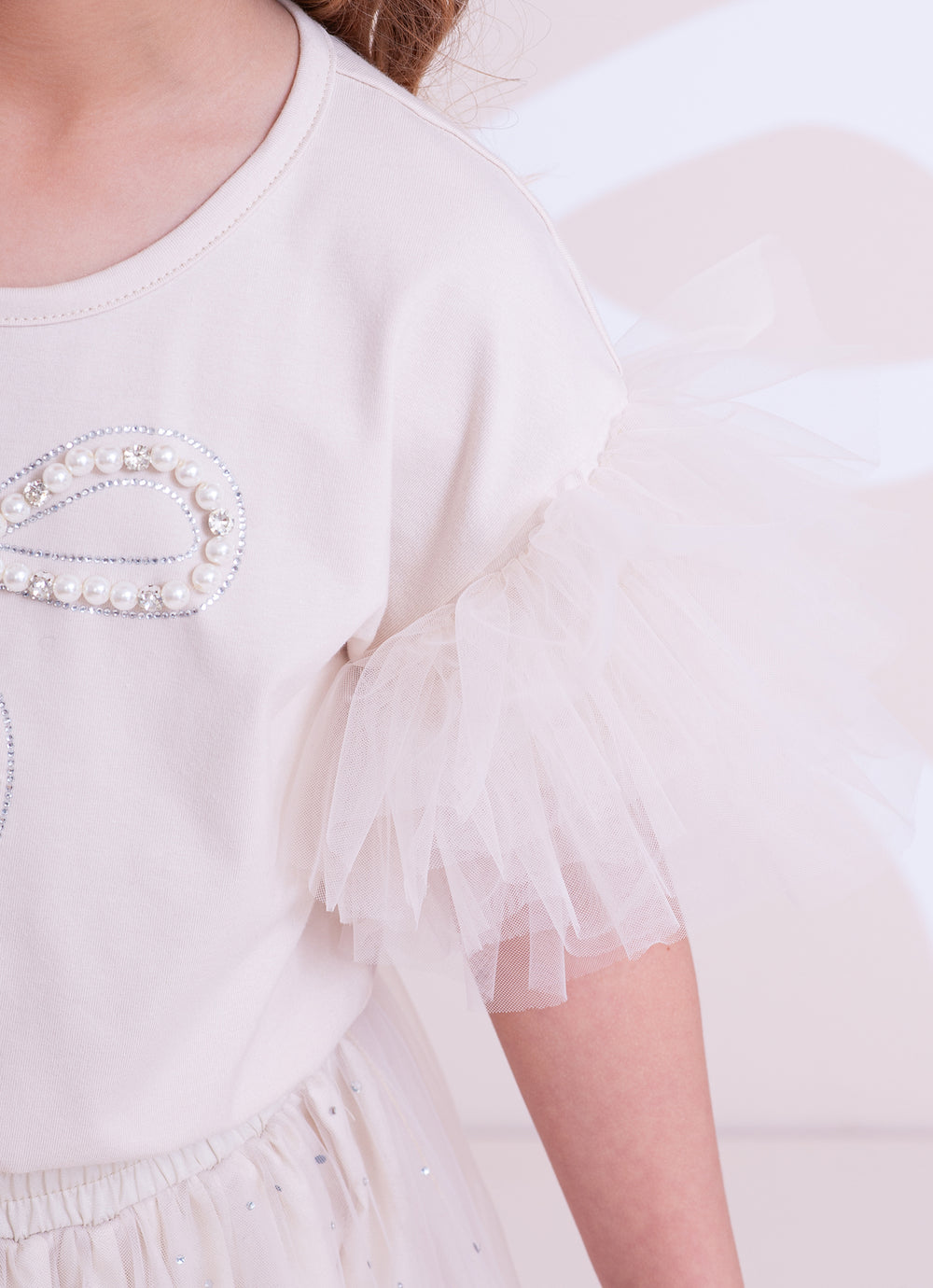 Blusa Cotton Manga Tule Laço Bordado