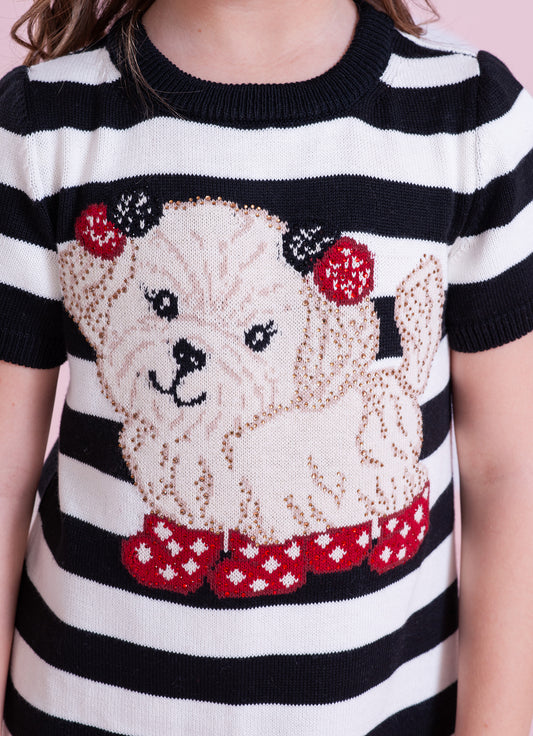 Vestido Tricot Listrado Cachorrinho Cristais
