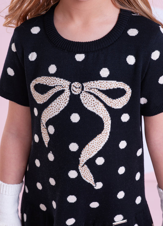 Vestido Tricot Poá Maxi Laço