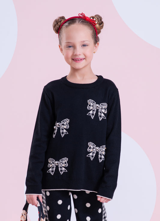 Blusa Tricot Laços Xadrez Bordados