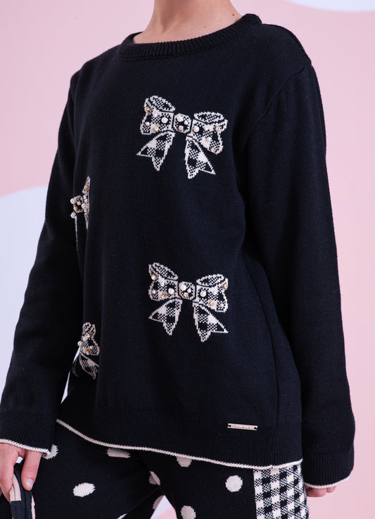 Blusa Tricot Laços Xadrez Bordados