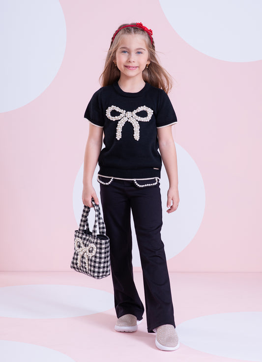 Calça Flare Lapelas Bordadas