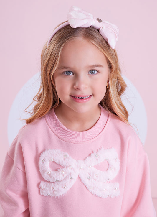 Blusa Moletom Laço Pele Bordado Pérolas e Cristais