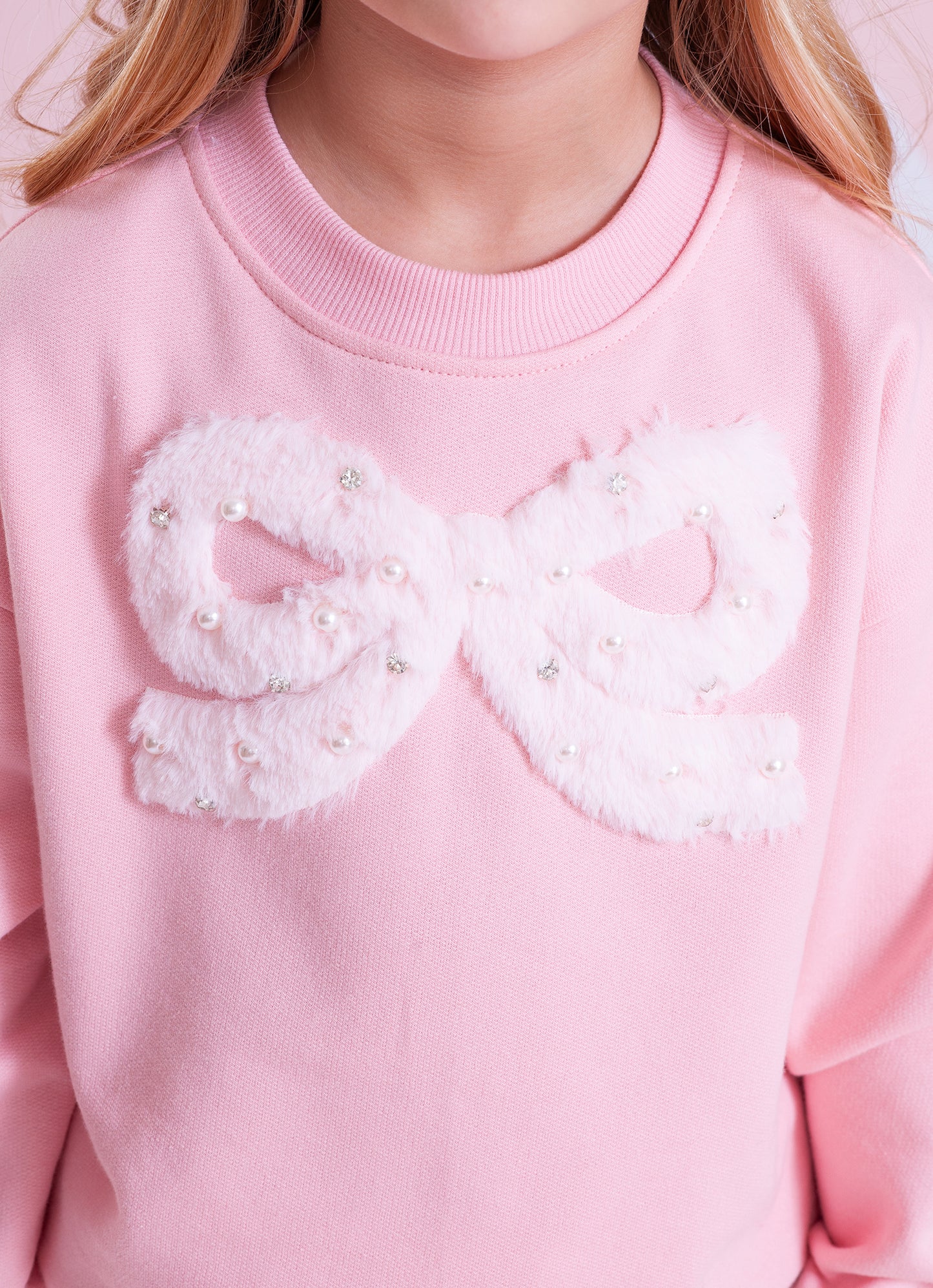 Blusa Moletom Laço Pele Bordado Pérolas e Cristais