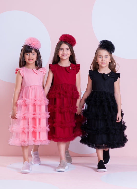 Vestido Festa Tricoline Saia Tule Fru Fru