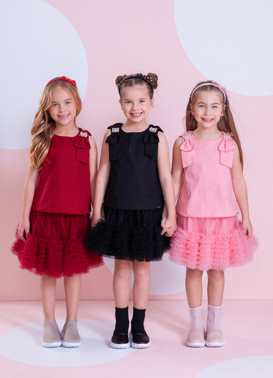 Blusa Tricoline Laços Ombros Bordados