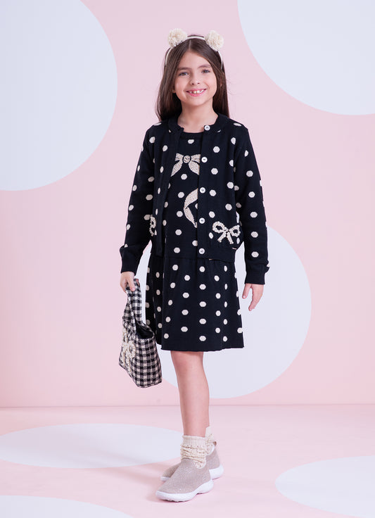 Casaqueto Tricot Poá Bolso Laços Bordados