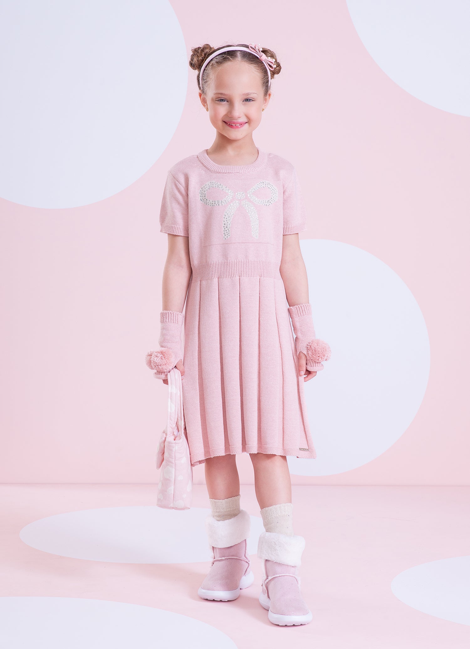 Vestido Tricot Laço Cristal Saia Plissada