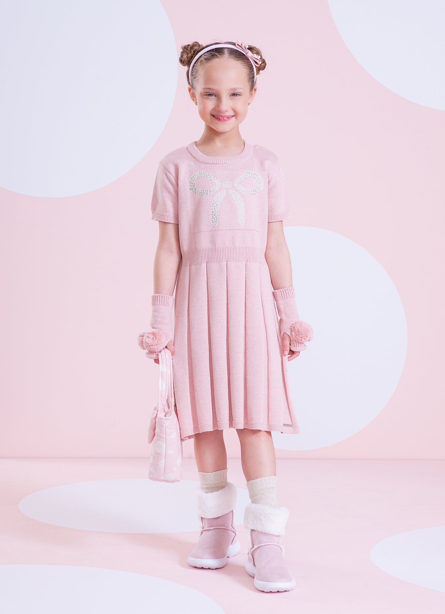 Vestido Tricot Laço Cristal Saia Plissada