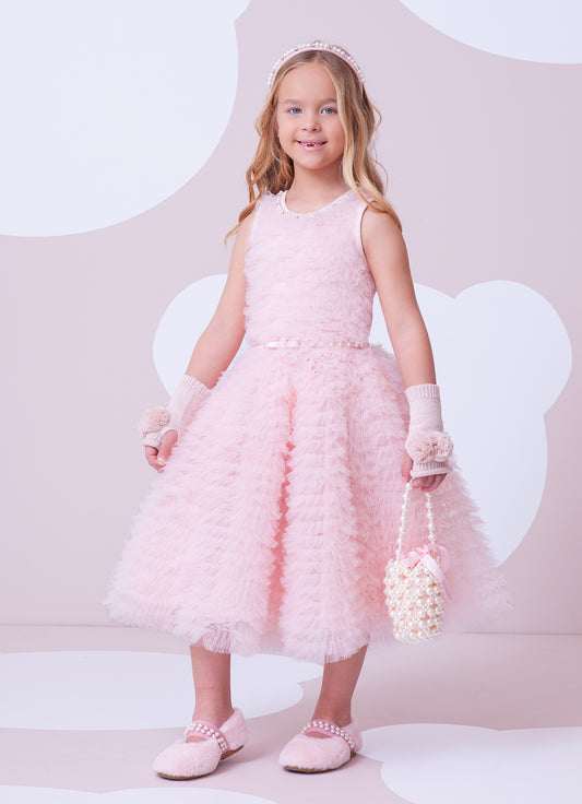 Vestido Conceito Frufru Tule Com Cinto Pérolas