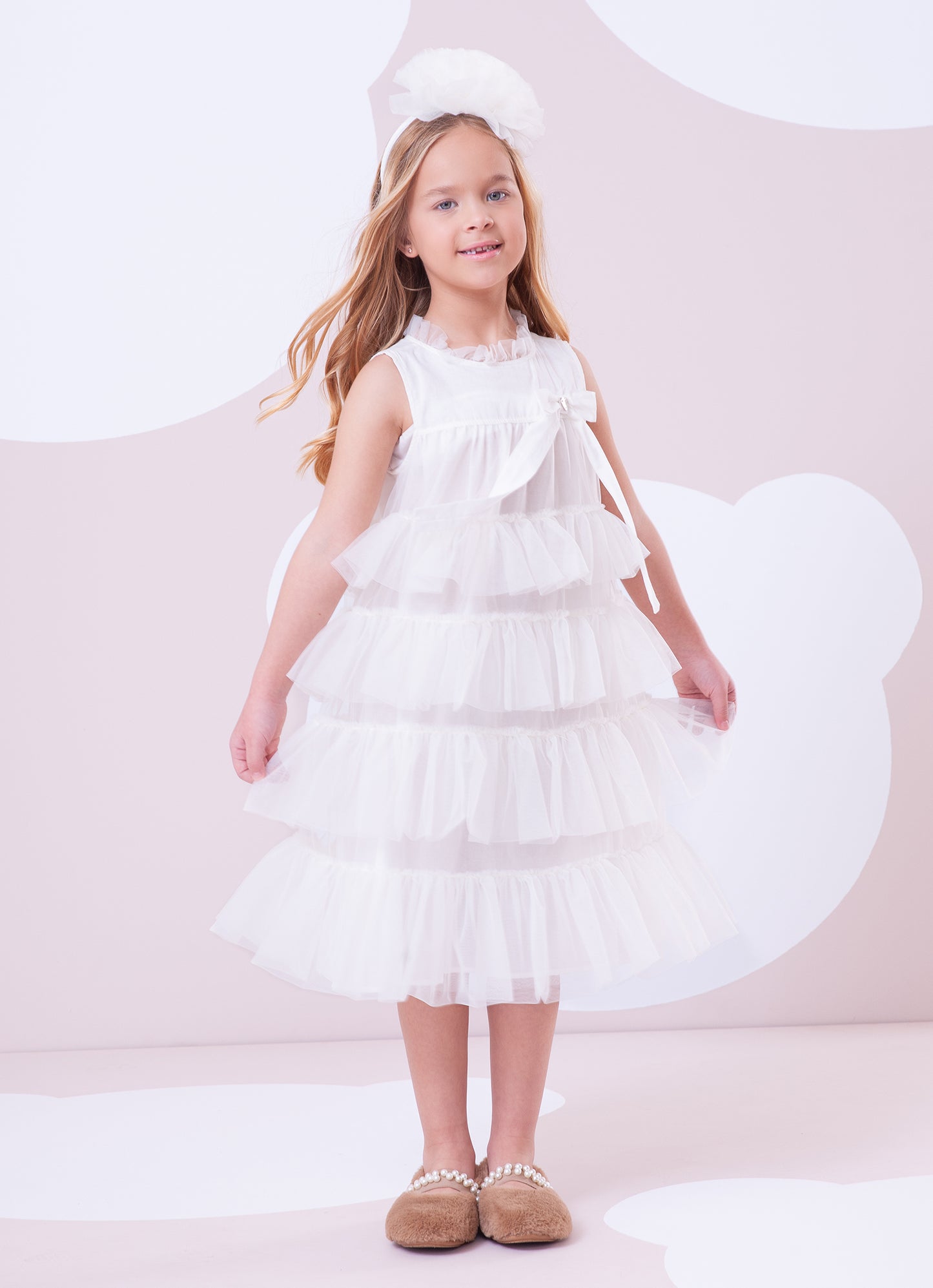 Vestido Tule Camadas Babado Laço