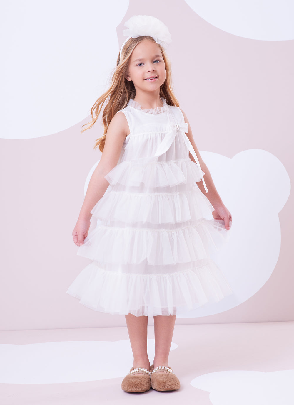 Vestido Tule Camadas Babado Laço