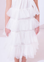 Vestido Tule Camadas Babado Laço