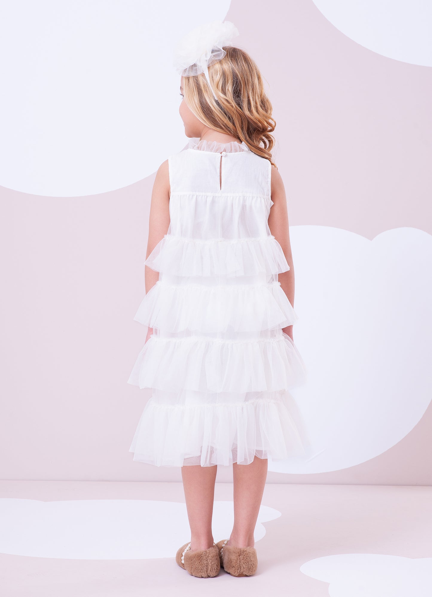 Vestido Tule Camadas Babado Laço