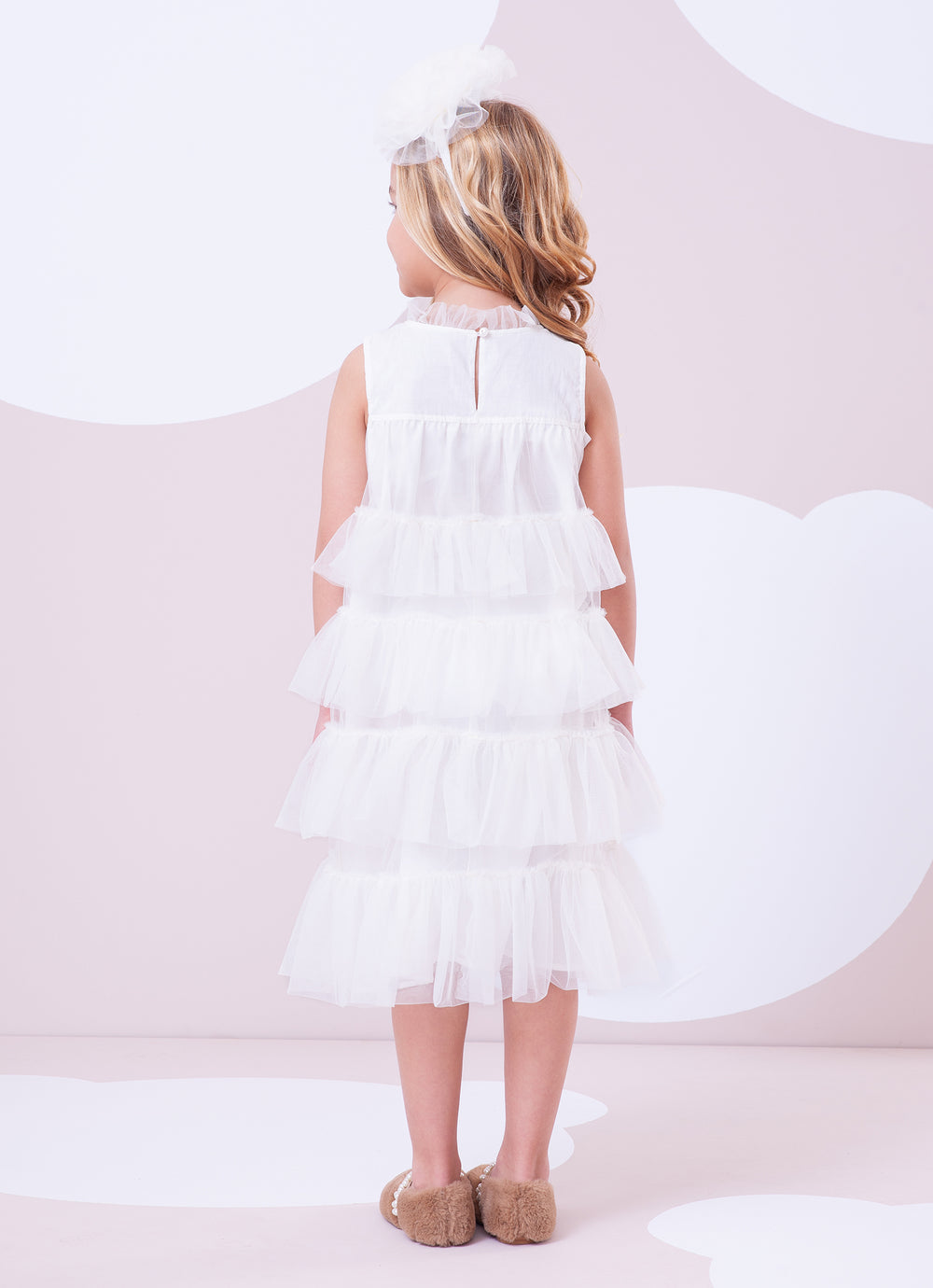 Vestido Tule Camadas Babado Laço