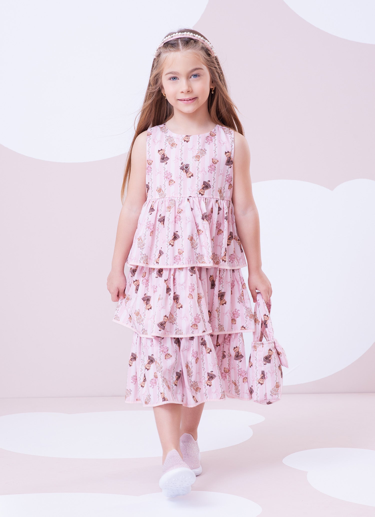 Vestido Algodão Listras e Ursas Babados