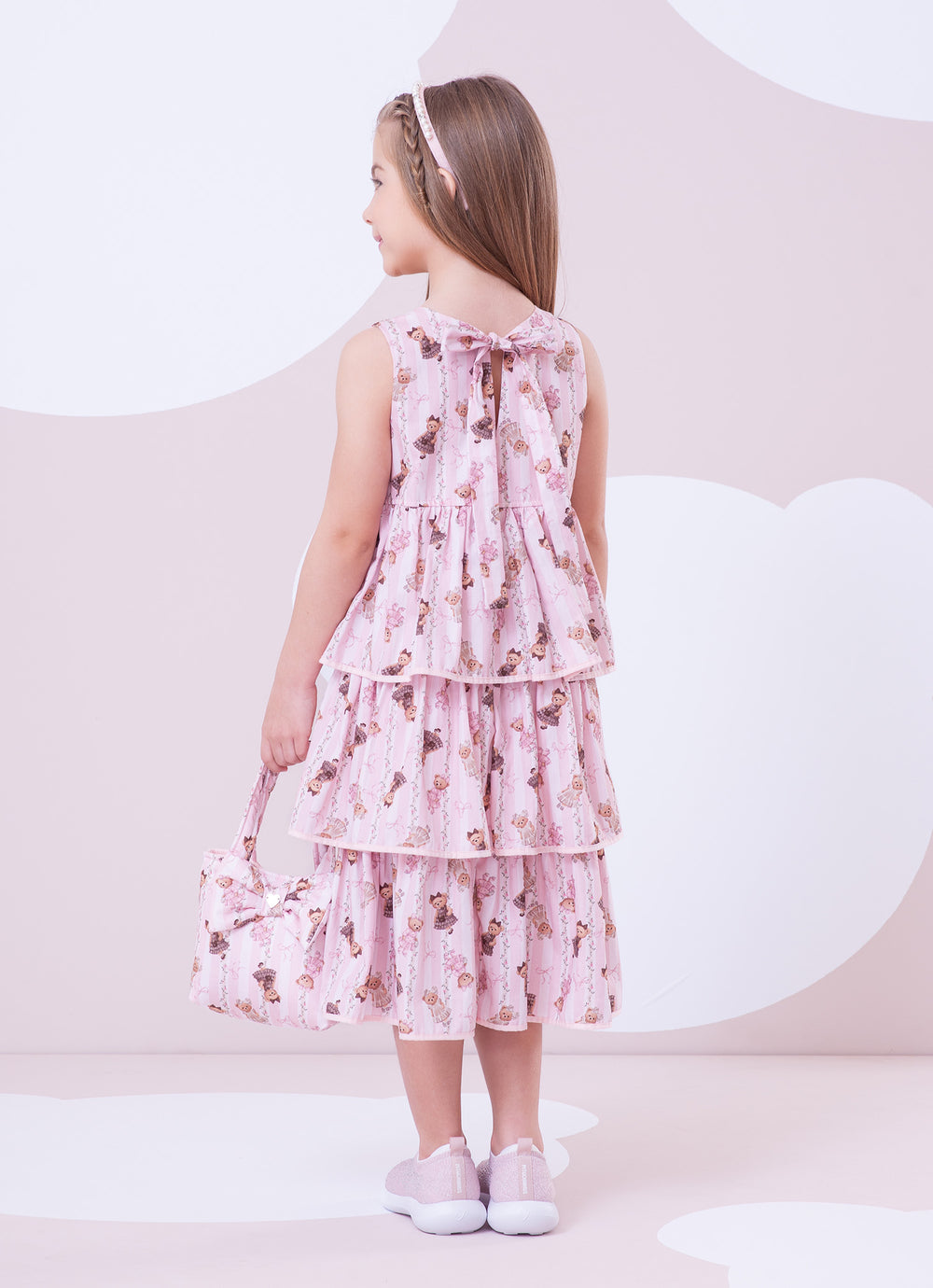 Vestido Algodão Listras e Ursas Babados