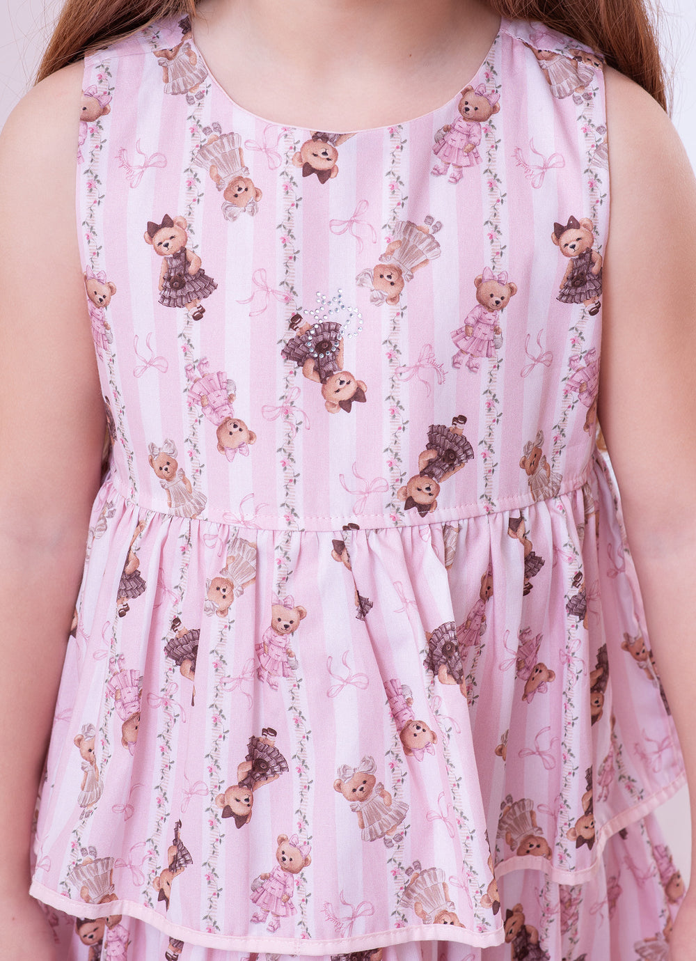 Vestido Algodão Listras e Ursas Babados