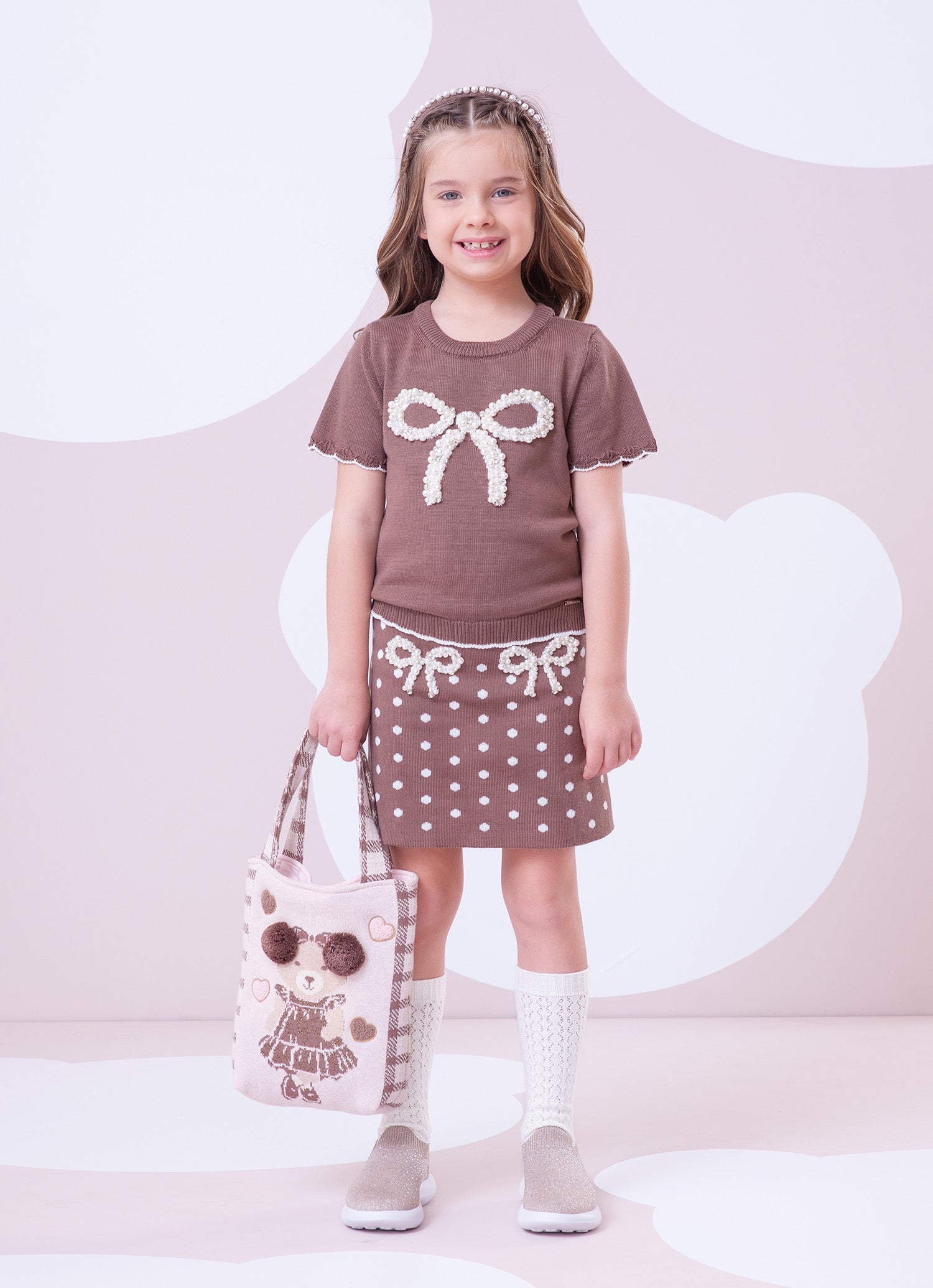 Saia Short Tricot Poá Laços Bordados