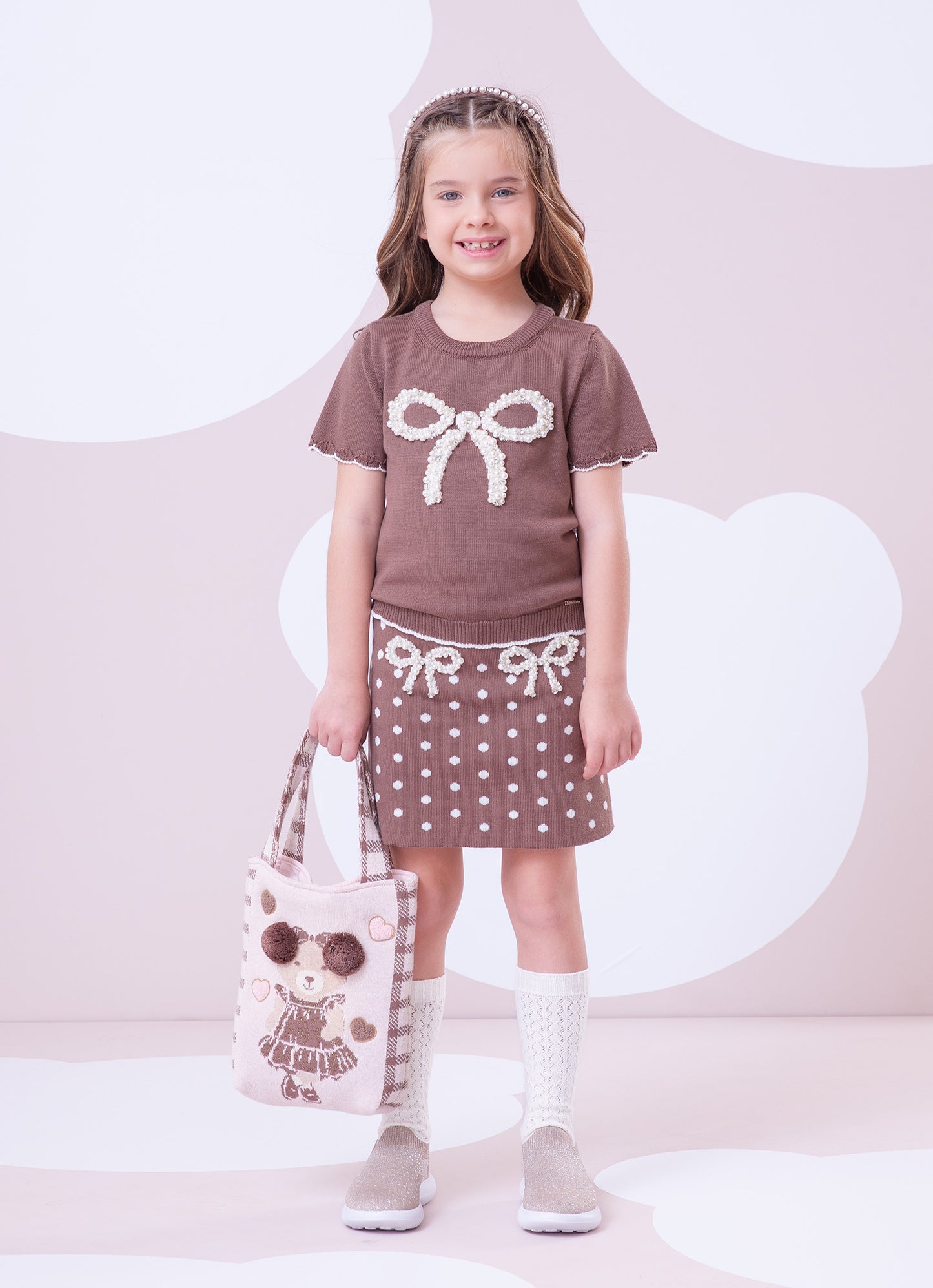 Saia Short Tricot Poá Laços Bordados