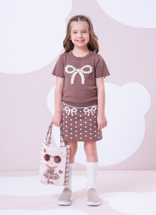 Saia Short Tricot Poá Laços Bordados