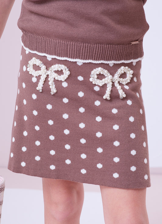 Saia Short Tricot Poá Laços Bordados