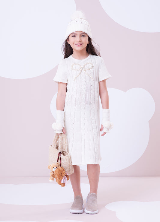 Vestido Tricot Sem Costura Canelado Laço Bordado