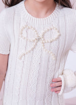 Vestido Tricot Sem Costura Canelado Laço Bordado