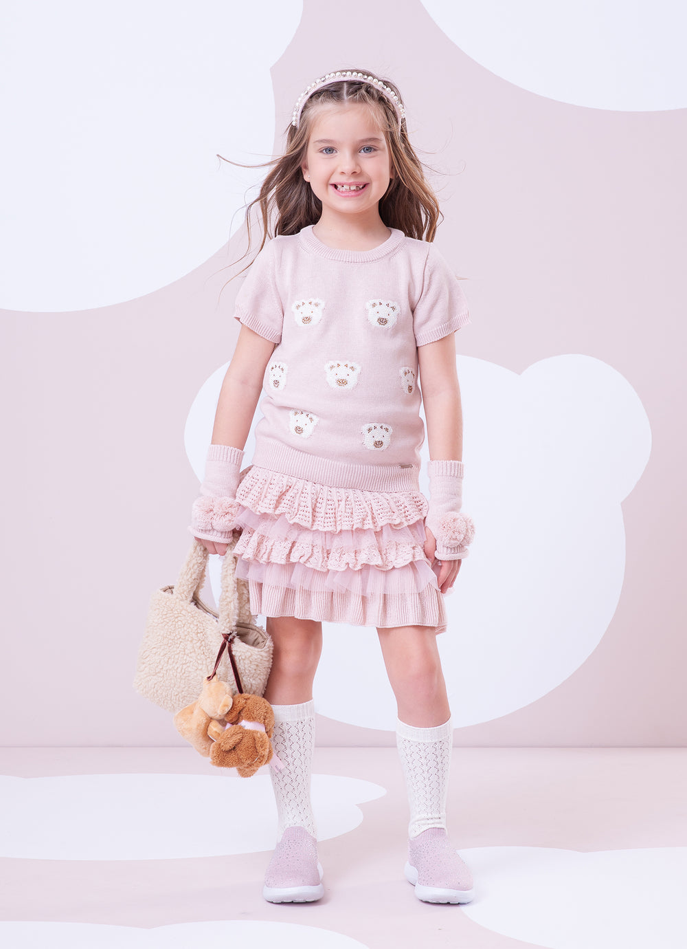 Blusa Tricot Manga Curta Rosto Ursinhas Cristais