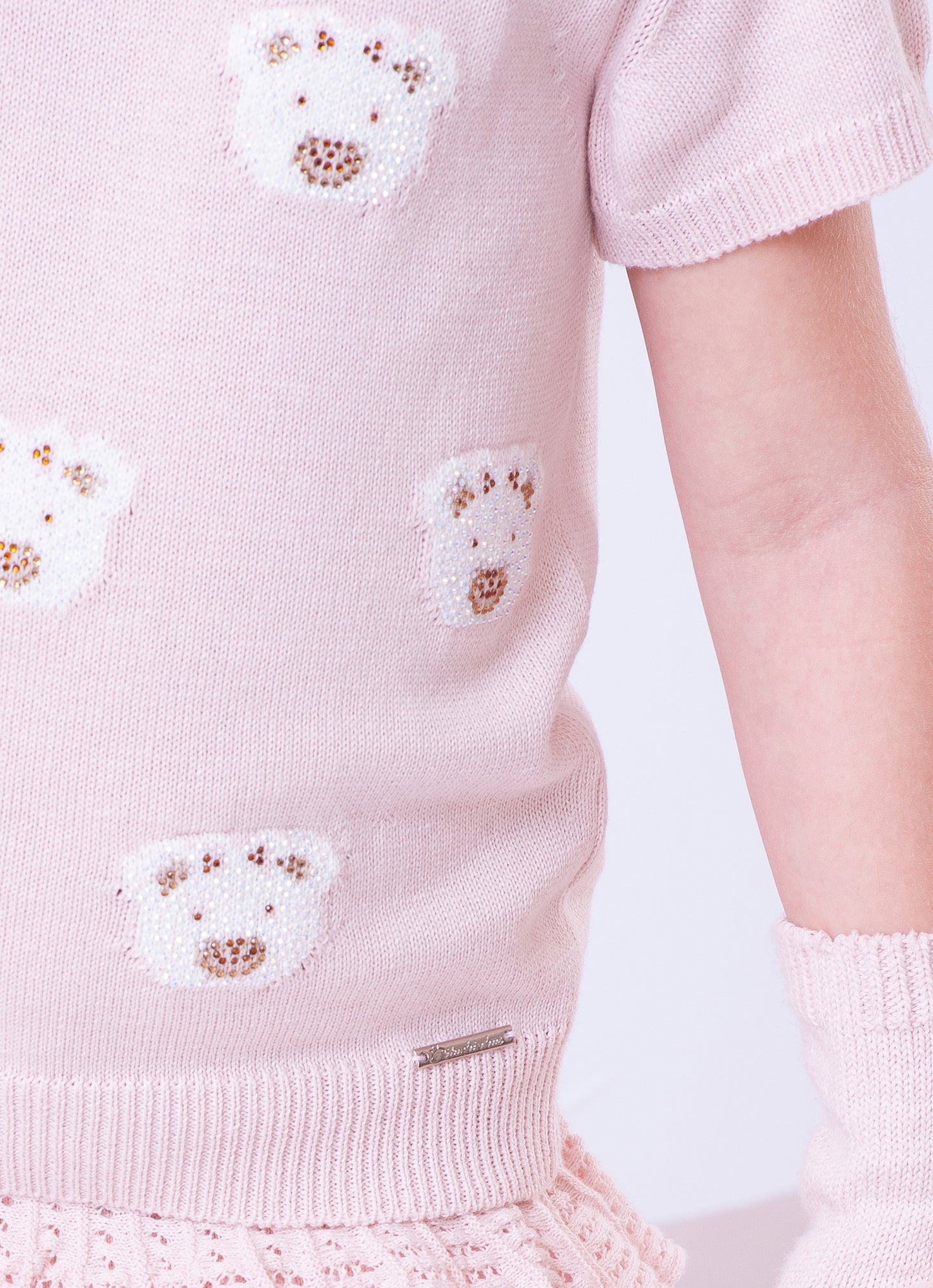 Blusa Tricot Manga Curta Rosto Ursinhas Cristais
