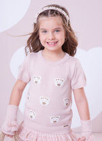 Blusa Tricot Manga Curta Rosto Ursinhas Cristais