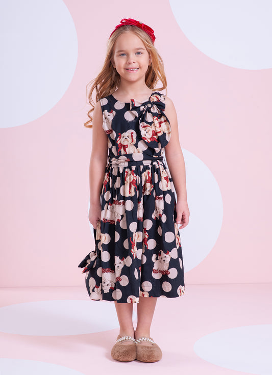 Vestido Algodão Estampa Poá Cachorros Laço