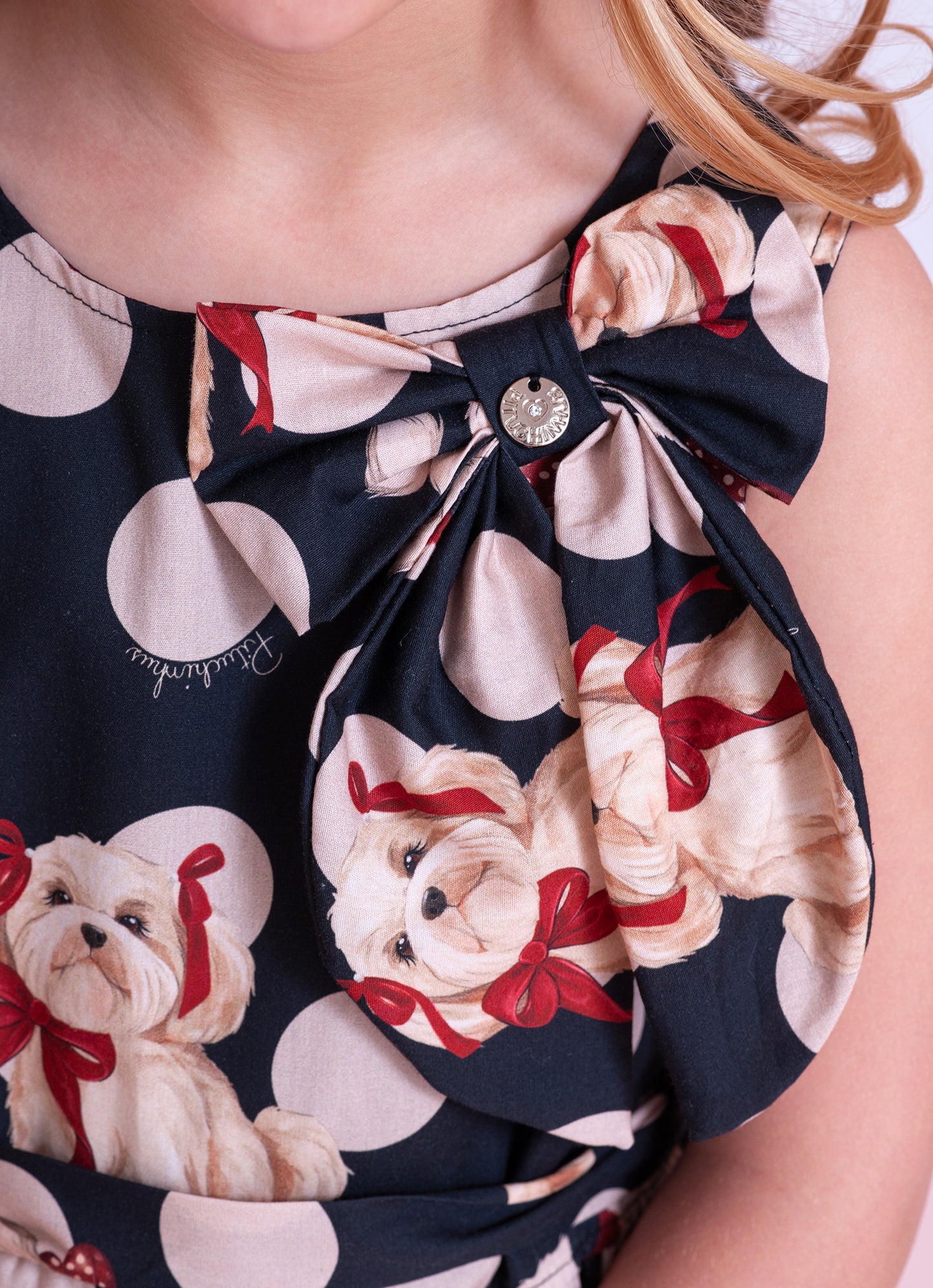 Vestido Algodão Estampa Poá Cachorros Laço