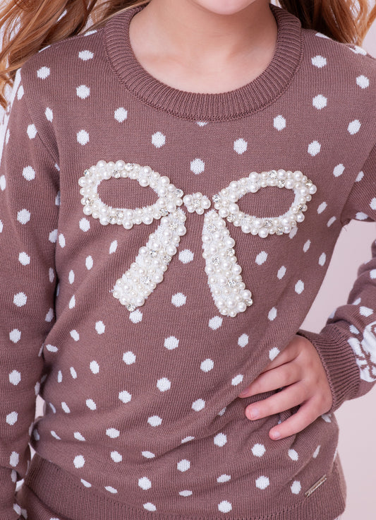 Blusa Tricot Poá Maxi Laço Bordado