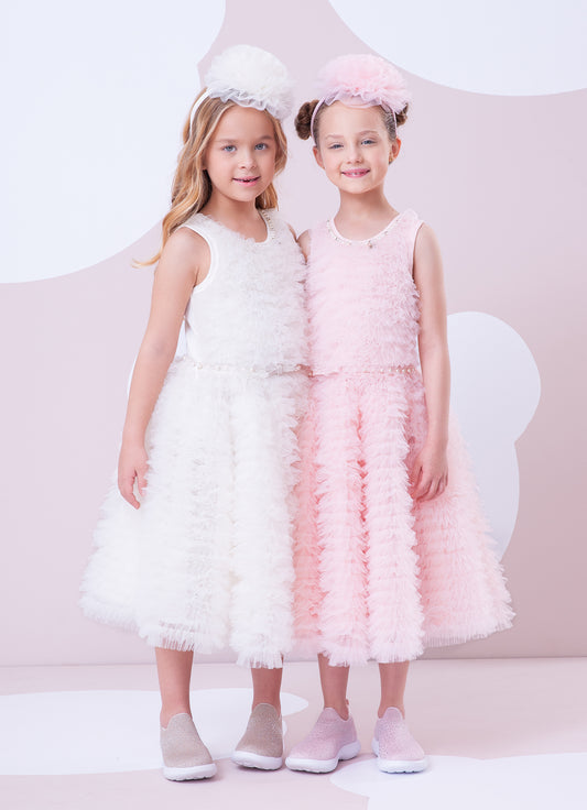 Vestido Conceito Frufru Tule Com Cinto Pérolas