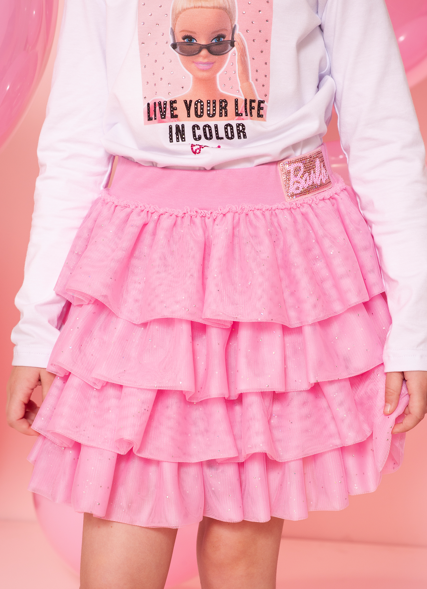 Saia Short Babados Tule Brilho Barbie