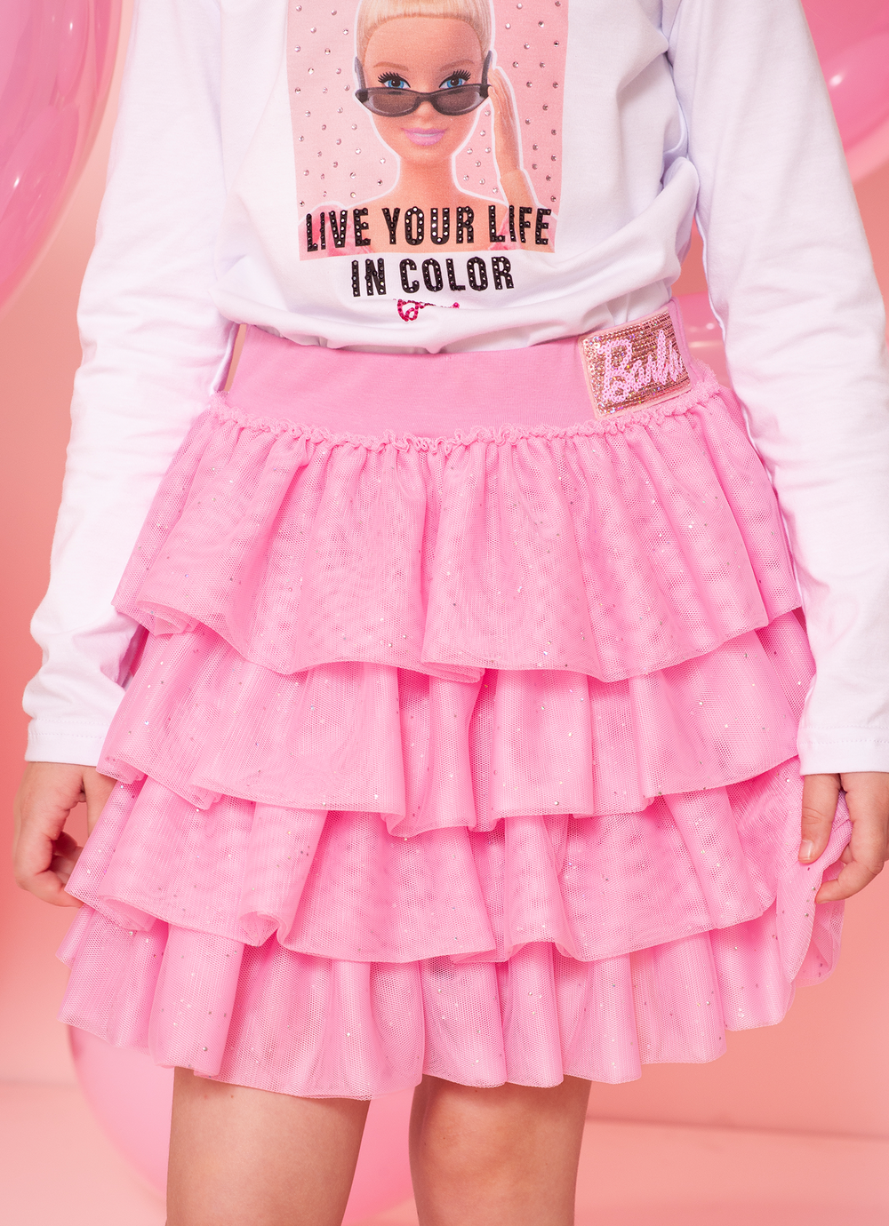 Saia Short Babados Tule Brilho Barbie