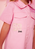 Vestido Sarja Bolsos Patches Barbie