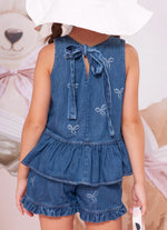 Blusa Jeans Fino Lacinhos Bordados